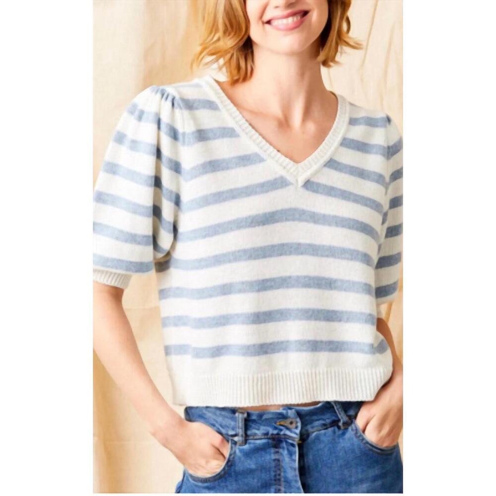 NEW SUZY D felora stripe bubble sleeve knit sweater in chambray blue